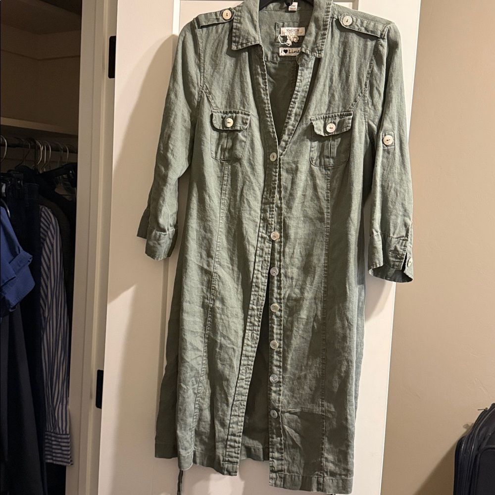 Malvin Hamburg Germany Green Linen Shirt Dress size 10 Large